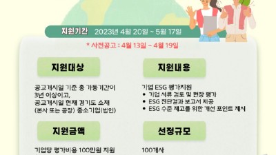 경기도, 중소기업 대상 ESG 경영 진단·평가 비용 지원. 지원사 2배 늘려 100개 사
